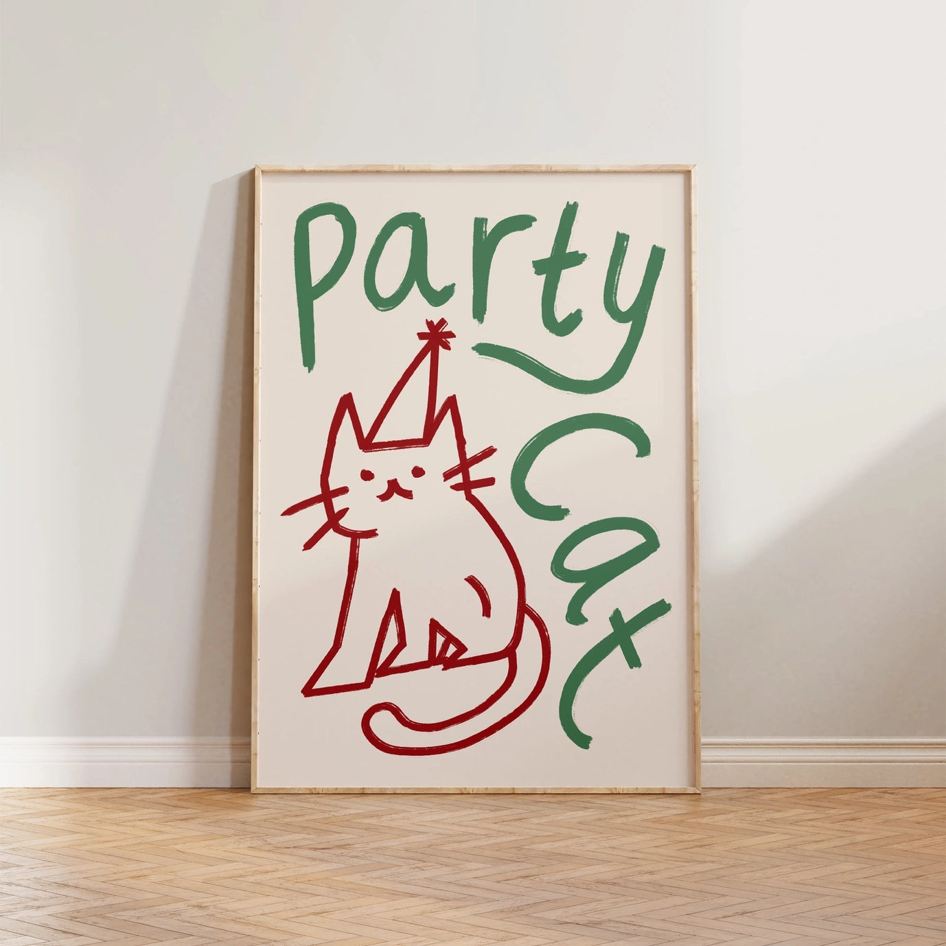 Party Cat Doodle Print - green &red