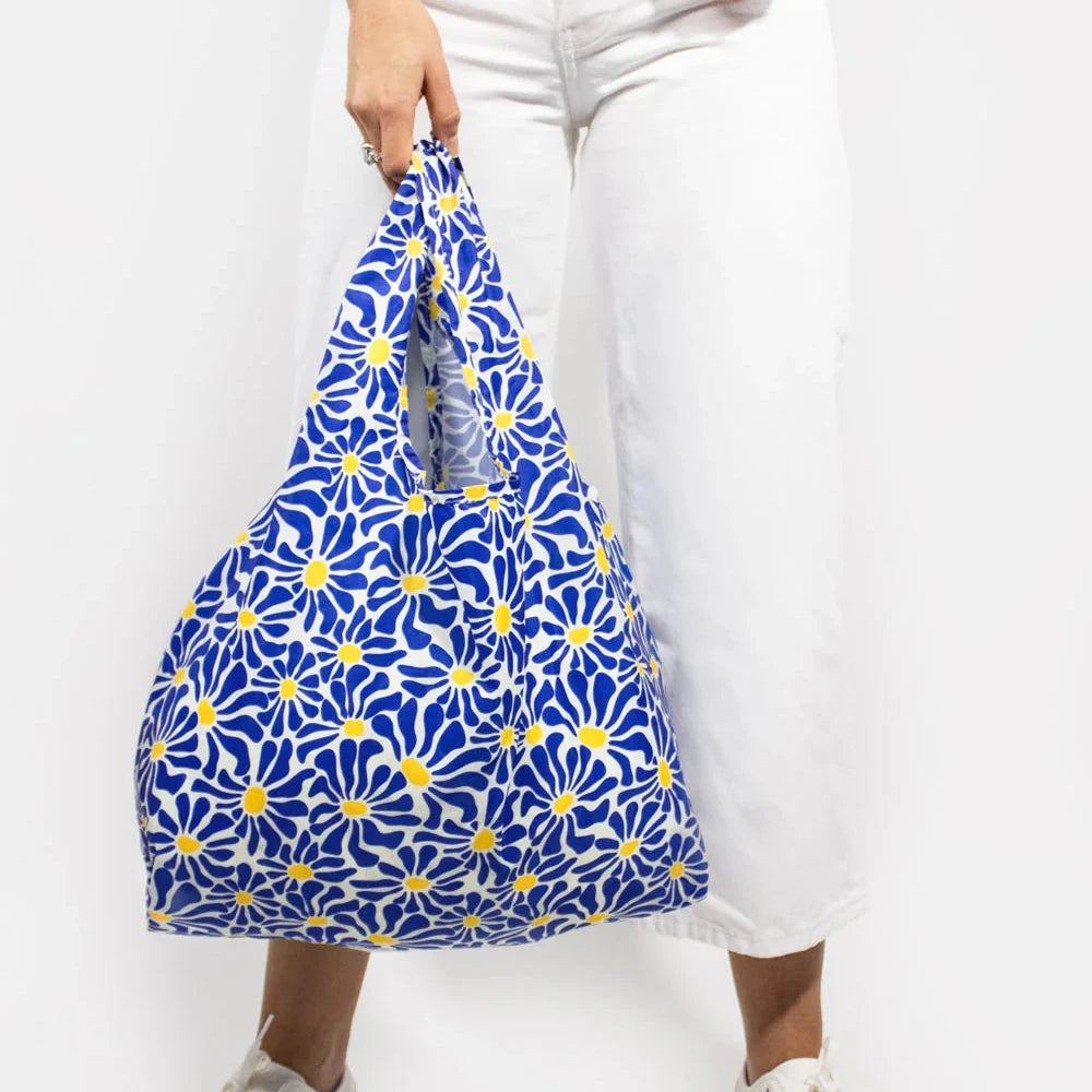 Blue Abstract Flowers Reusable Bag - medium