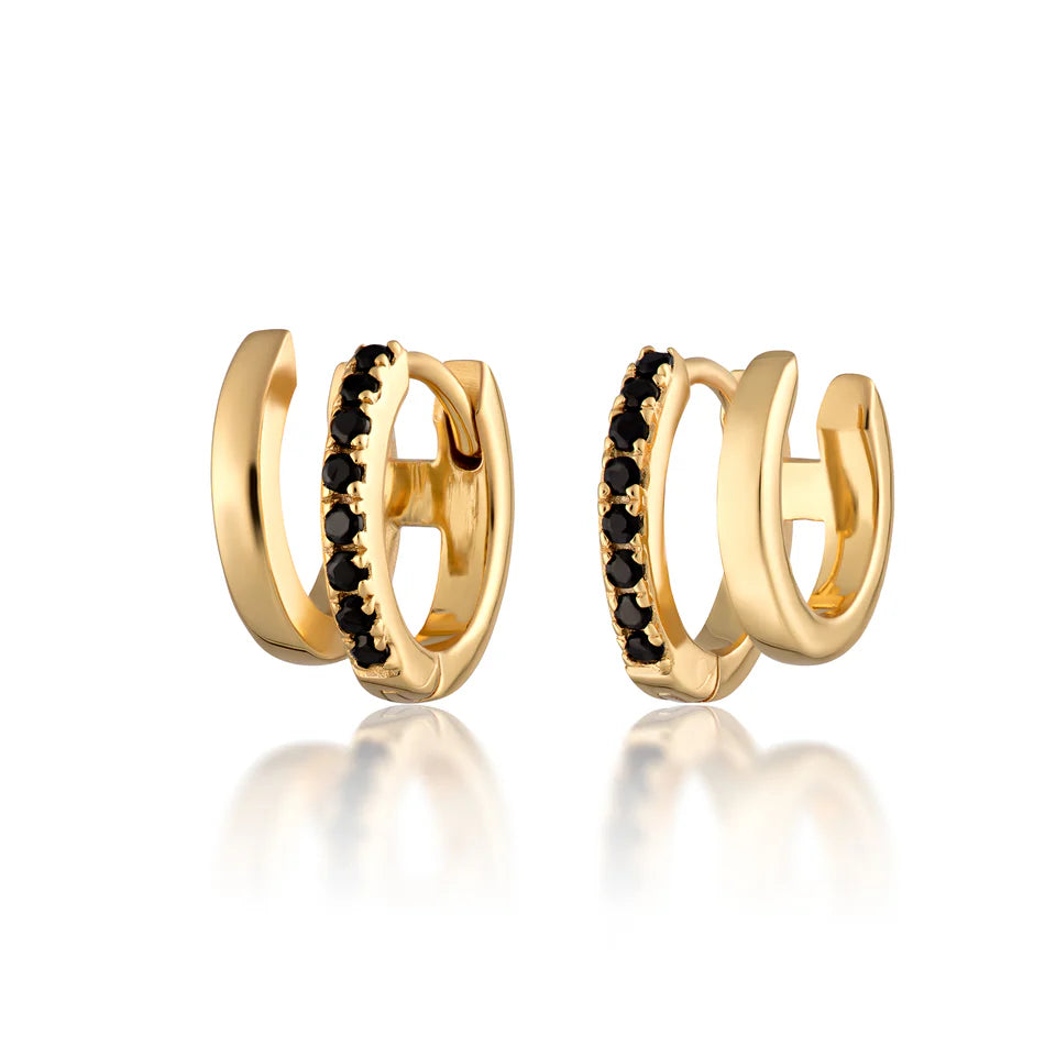 Gold Double Huggie Earring with Black Stones